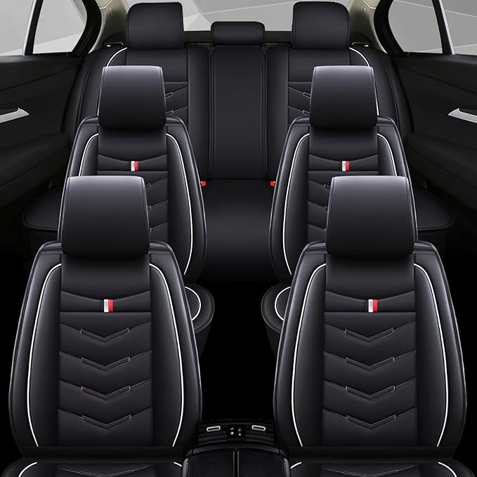 Car Seat Covers 7 Seats for Ford Explorer 2000-2025, Waterproof Durable Compatible Airbag, Premium Leather Seat Protector(7 Seats Standard,Black White)