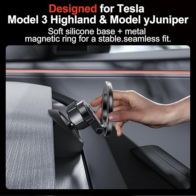 YONZEE Magnetic Phone Mount Compatible with 2025-2026 Model Y Juniper and 2024-2026 Tesla Model 3 Highland, Dashboard Ball Joint Base, Strong Magnetic Ring, 360° Rotation