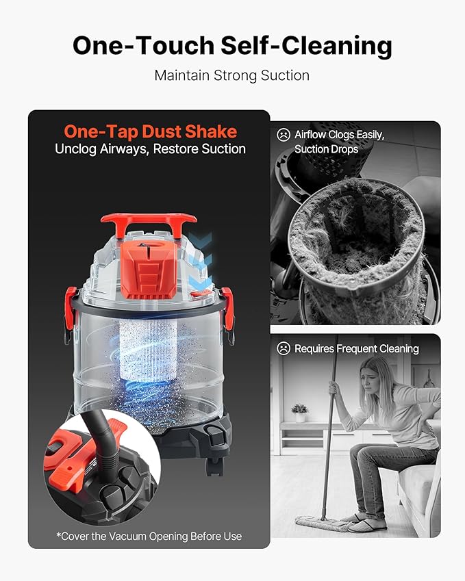 VEVOR Shop Vac, 5.8 Gallon Wet Dry Shop Vacuum, 4 Peak HP with One-Button Self-Cleaning, Dual-Filter, 900W Input Power, 1.25in x 7ft Hose, 9.8ft Cord, Metal Tank for Jobsite, Workshop, Garage, Home