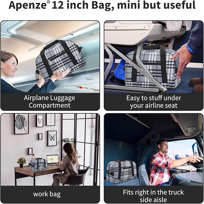 Small Gym Bag Carry On Bag - 12 in Mini Duffle Bag Lightweight for Overnight Travel(Gray white plaid)