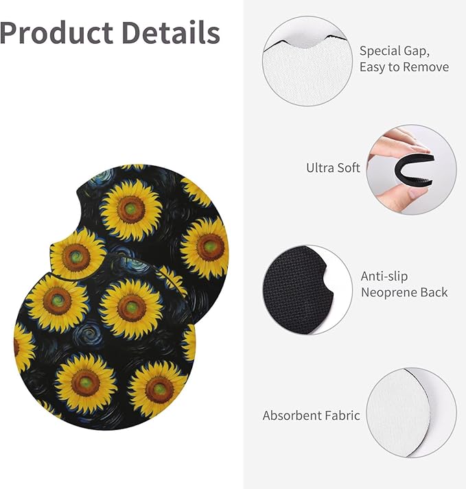 Sunflower Steering Wheel Cover Flower Steering Wheel Cover Accessories Universal Auto Interior Decor Anti Slip Car for Men Women 2 Pieces Car Coasters