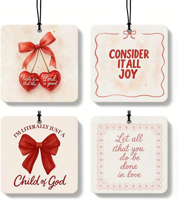 Red Coquette Bow Cherry Christian Square Citrus Car Air Freshener 4 Pcs, Preppy Religious Hanging Air Freshener for Cars Bathroom Dorm Books Decor, Girly Christian Accessories Gifts for Women