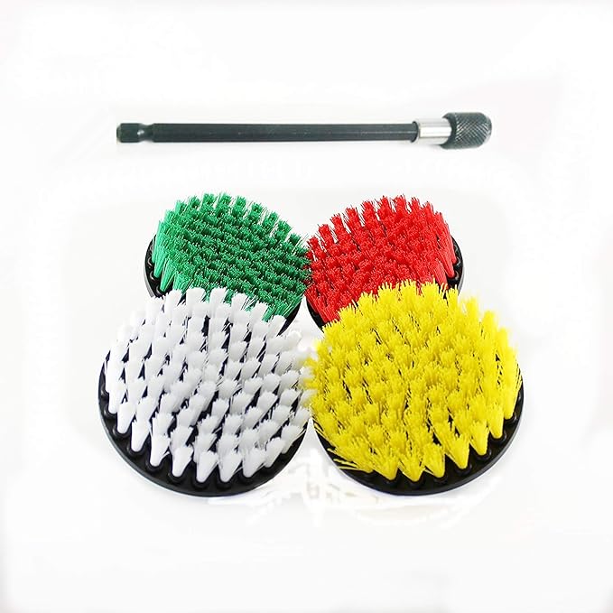 5 Piece Soft, Medium and Stiff Power Scrubbing Brush with 6 Inch Size Extender Drill Attachment for Cleaning Showers, Tubs, Bathrooms, Tile, Grout, Carpet, Tires and Boats by DrillStuff