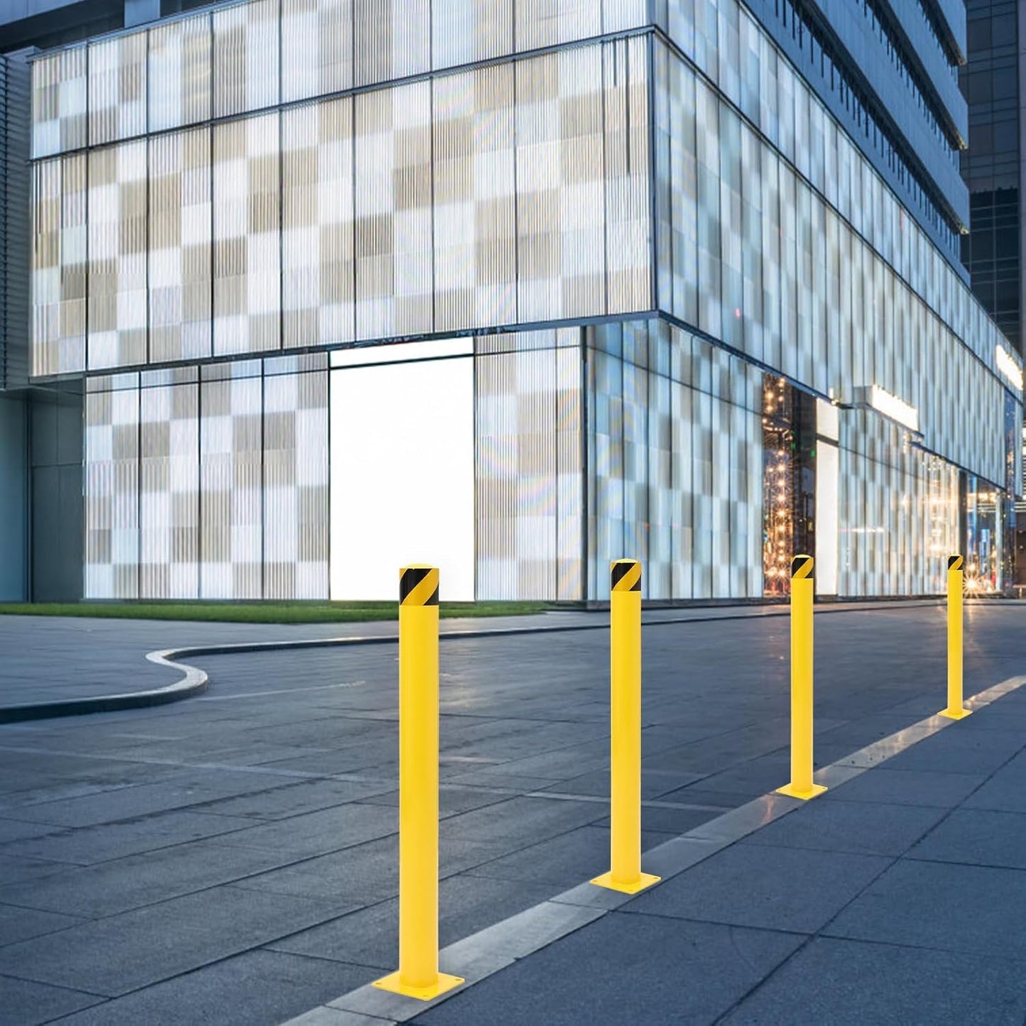 4-Pack Heavy Duty Safety Bollards, 48" Height, 4.5" Diameter Steel Pipe Bollard Post with 16 Anchor Bolts, High-Visibility Yellow Parking Bollard for Traffic Control, Warehouses, & Pedestrian Safety