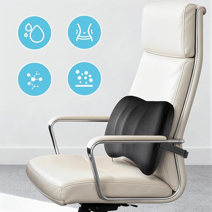 Lumbar Support Pillow for Car Seat and Office Chair, Memory Foam Back Cushion with Breathable Cover and Adjustable Straps for Driving, Ergonomic Orthopedic Back Rest Lower Back Support, Black