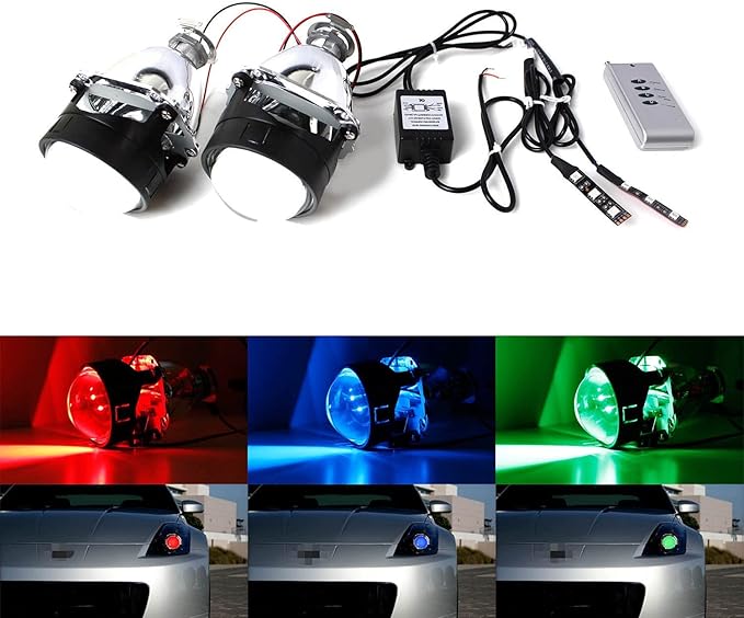 iJDMTOY Mini 2.5-Inch H1 Bi-Xenon Front Lighting Retrofit Projector Lens w/RGB Color-Changing LED Demon Eye Lighting Kit Compatible with Custom Lighting DIY For Off-Road Use Or Show Purpose