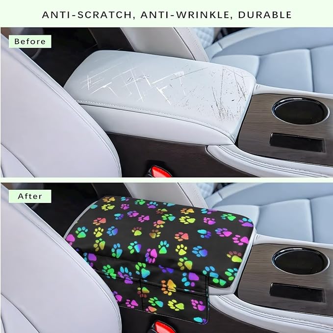 Dreaweet Colorful Dog Paw Print Center Console Cover Thick Arm Rest Cover for Car Women Cute Car Accessories Interior Middle Console Cushion Cover Pad with Pockets