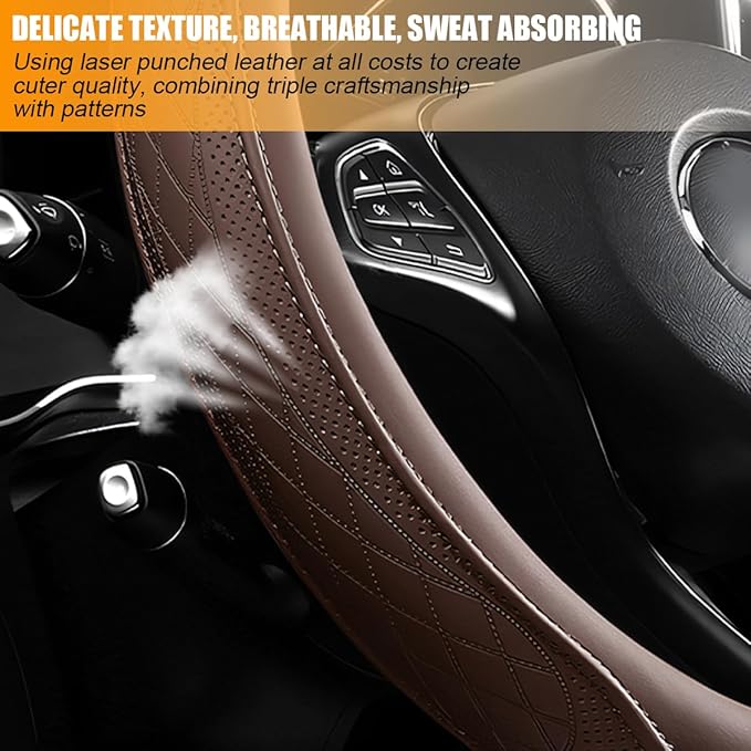 Car Steering Wheel Cover, 14.5-15" Breathable Soft Leather Vehicle Steering Wheel Protector with Anti-Slip Lining, Comfortable Auto Interior Decoration Accessories, Universal Fit (Coffee)