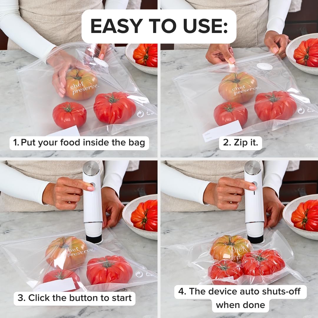 Chef Preserve Compact Vacuum Sealer for Food (Vacuum Sealer Machine + 10 Reusable Vacuum Bags) Powerful Handheld Vacuum Sealer Machine, Seal Meal Saver, Portable Food Sealer