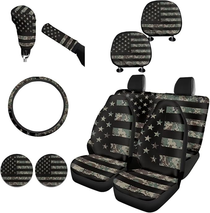 FKELYI Camo Car Seat Covers Full Set American Flag Car Gear Shifter Knob and Handbrake Cover, Breathable Steering Wheel Protector, Headrest Covers,Cup Coasters