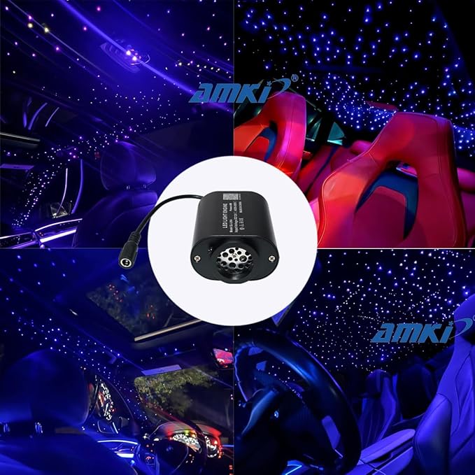 AMKI Mini 6W Starlight Headliner Kit 350pcs 0.03in 6.5ft,Twinkle+Sound Activated Fiber Optic Light 4Lamp Beam Starlight Box APP/Remote Control for Car Home Star Ceiling Decoration