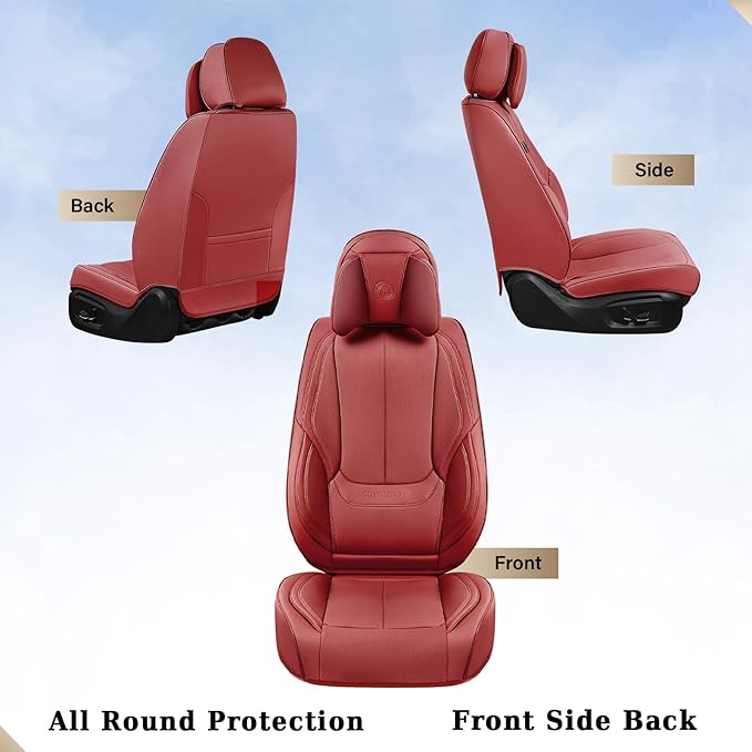 Coverado Universal Seat Covers Full Set, 5 Seats Universal Seat Covers for Cars, Waterproof Faux Leather Car Seat Covers with Head Pillow, Auto Protectors Fit for Most Sedans SUV Pick-up Truck-Red