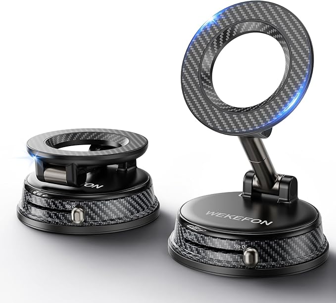 Upgraded Car Phone holder for Magsafe [120LBS Suction Cup & 3000gf Magnet ] 1100° Adjustable Vacuum Magnetic Phone Holders for Your Car, Dashboard Car Mount Bracket for iPhone & Android, Carbon Fiber