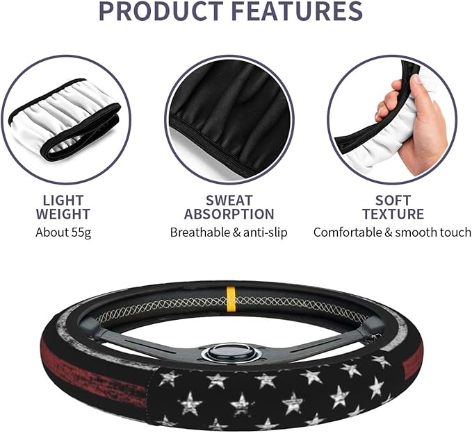 Thin Red Line Steering Wheel Cover Firefighter Steering Wheel Cover Anti-Slip Breathable Universal for 15 Inch Car 2 Pieces Car Coasters Suitable for Men Women