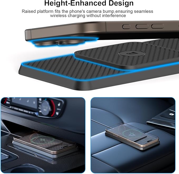 Wireless Car Charging Pad, Reestecqi 15W Fast Wireless Car Charger Pad Non Slip Charging Mat with 30cm Cable and 70cm Extension Compatible with iPhone 16 Pro/15/14/13 AirPods Samsung Google