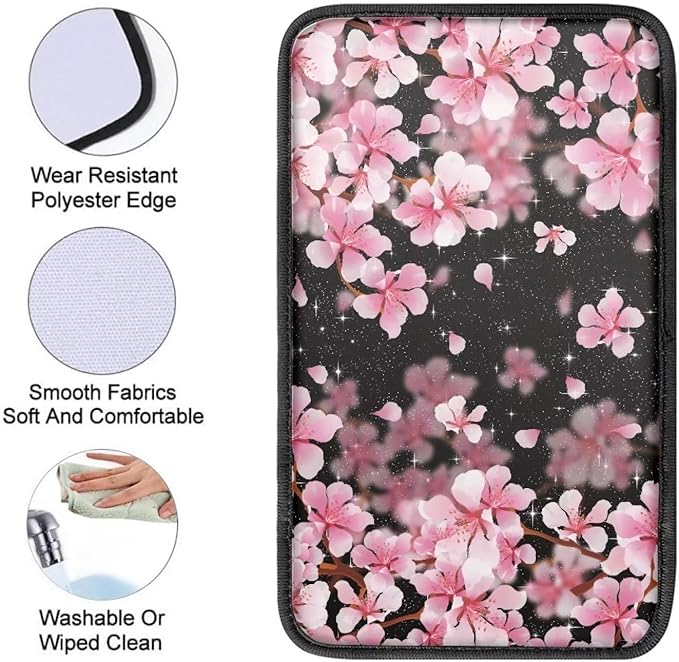 Dreaweet Pink Cherry Blossom Print Console Armrest Cover,Cute Car Accessories for Women Soft Comfy Center Console Pad Cover,Universal Armrest Box Mat