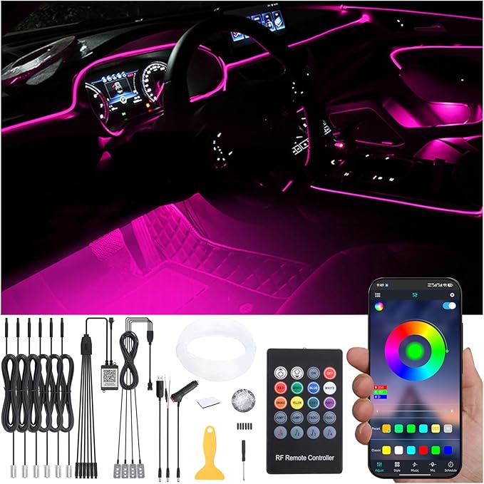Car Interior Strip Lights, 6 in 1 Multicolor RGB Car Footwell Ambient Lighting Kit, 8m Fiber Optic EL Neon Tube Light, DIY Mode Music Sync RF Remote Control + APP Control DC 12V