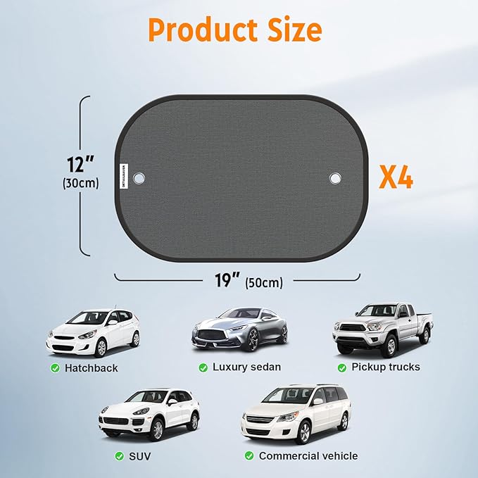 [2026 Upgraded] Car Shades for Side Windows 19"x12"(4 Pack),Sun Shade for Window with 8 Suction Cups,Car Window Shades Can Blocks 99.98% UVR,Window Shade for Baby