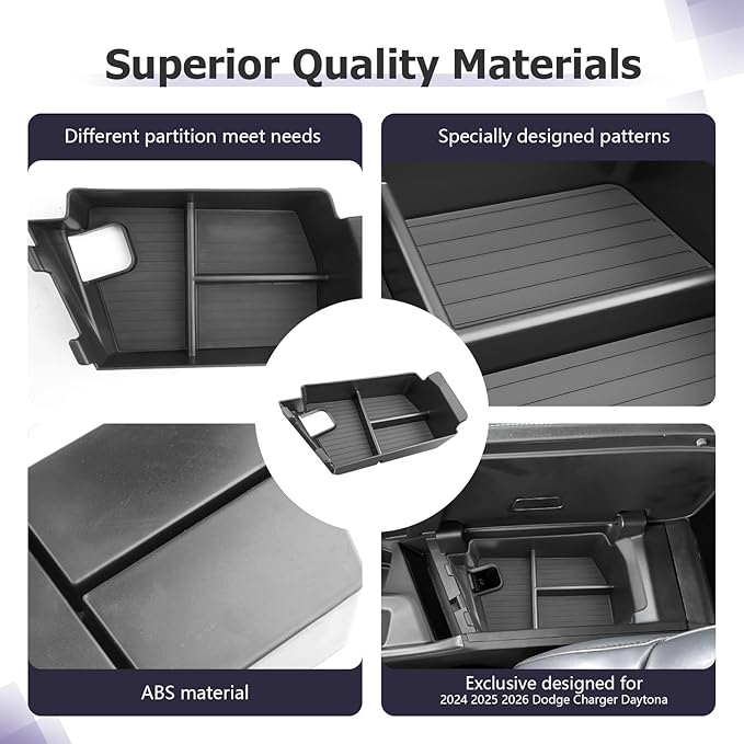LUWU 2024-2026 Charger Daytona Center Console Organizer for 2024 2025 2026 Charger Daytona R/T Scat Pack Accessories OEM Fit Armrest Console Storage Box Insert Tray Durable ABS Material Black