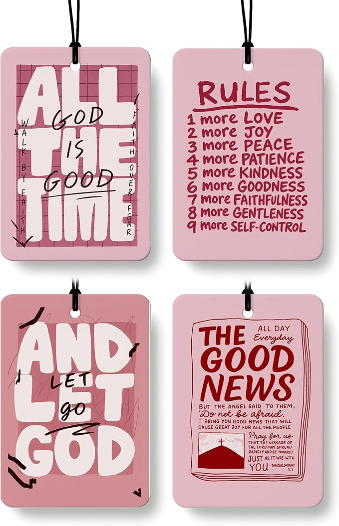 Retro Pink Christian Car Air Freshener 4 Pcs, Neutral Bible Verses Hanging Air Freshener for Cars Bathroom Dorm Books Decor, Vintage Religious Accessories Gifts for Women Men