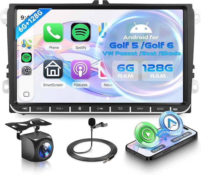8 Core 6G+128G Android Car Stereo for VW Golf MK5 MK6 Passat Jetta Tiguan T5 EOS Polo with Wireless CarPlay Android Auto, 9” Touchscreen Car Radio GPS WiFi SWC Bluetooth 32EQ Backup Camera