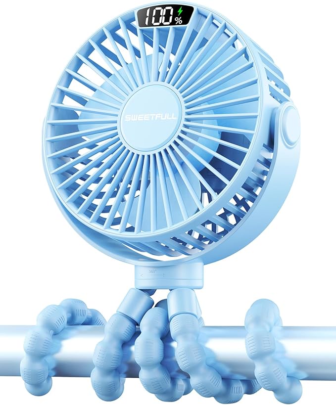 SWEETFULL Portable Stroller Fan with LED Display, 4 Speed Rechargeable Mini Clip On Fan, 360° Rotate Flexible Tripod Better Cooling Small Baby Fan for Car Seat Crib Travel Bike Treadmill (Blue)