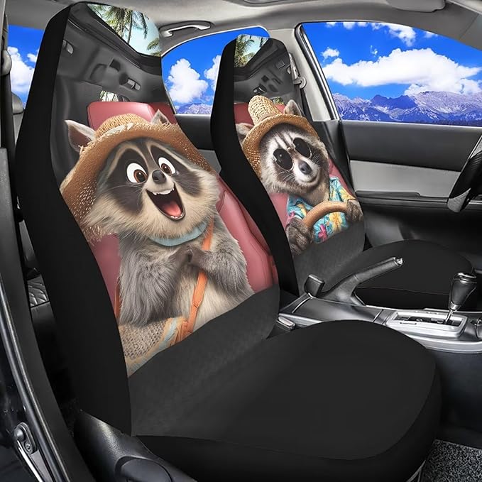 Funny Raccoon Car Seat Cover Front Seats Only,Soft Front Bucket Seat Cover Decorative Saddle Blanket Cushion Cover for Cars Trucks and SUVs