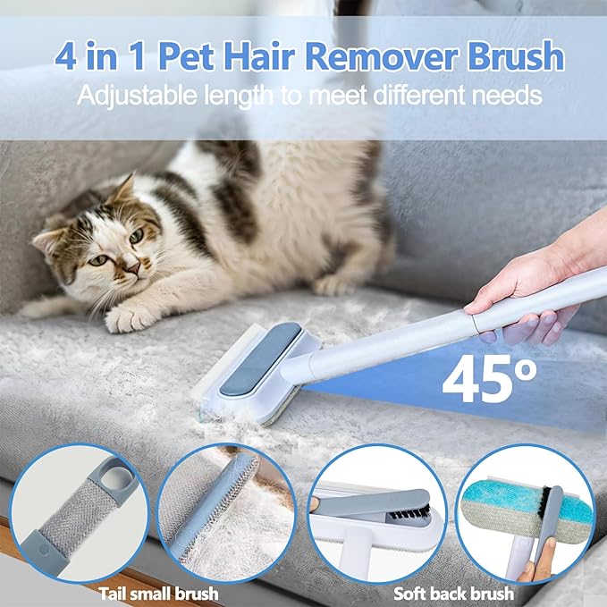 Pet Hair Remover, 4 in 1 Multifunctional Pet Hair Removal Tool for Dog and Cat, Resuable Long Handle Fur Remover with Dual-Sided Cleaning Brush, Washable Fur Brush for Furniture,Couch,Carpet,Clothes