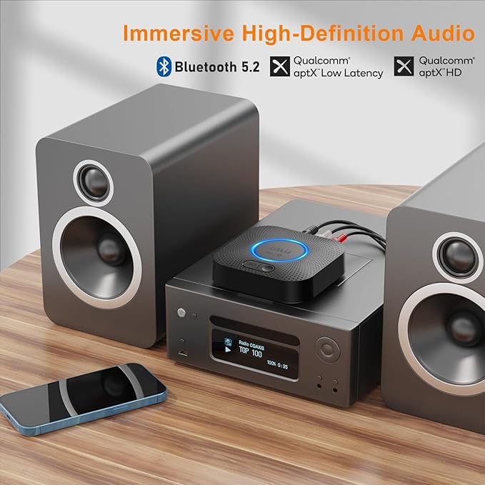 1Mii B06+ Bluetooth Receiver, Hi-Fi Wireless Audio Adapter, Bluetooth 5.3 Receiver with 3D Surround aptX HD aptX Low Latency for Home Music Streaming Stereo System