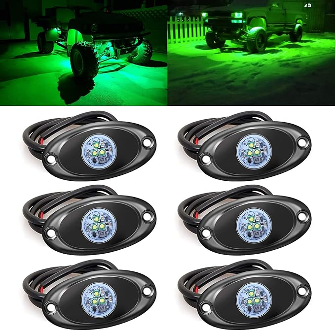 6 Pods LED Rock Lights for Jeep ATV UTV SUV RZR Off Road Ranger Pioneer Wheeler Truck Boat Underbody Glow Trail Rig Lighting Lamp Underglow LED Neon Lights Waterproof 12V-24V - Green