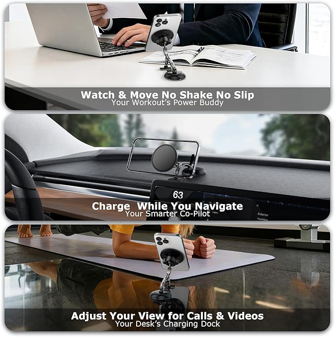 Dual Support for MagSafe Car Mount, Magnetic Phone Holder for Car with Vacuum, 360°Adjustable Metal Head &Extension Rod, Cell Phone Holders for Your Car for iPhone17/16/15/14/13/12, Android