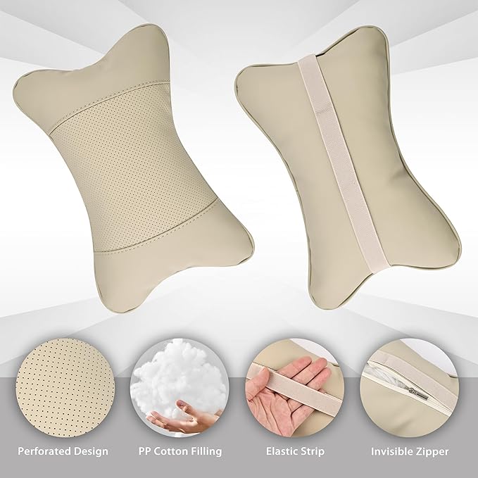 2 Pack Car Neck Pillow Soft Breathable Headrest Pillows for Driving Support, Universal Fit for Most Car Seats Decor Accessories（Beige White）