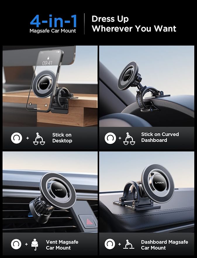 LISEN for MagSafe Car Mount [360° Rotation] Magnetic Phone Holder for Car Vent Phone Mount, Hands Free Phone Mount for Car Accessories fit iPhone Includes Vent/Dashboard Mount, Black Kits