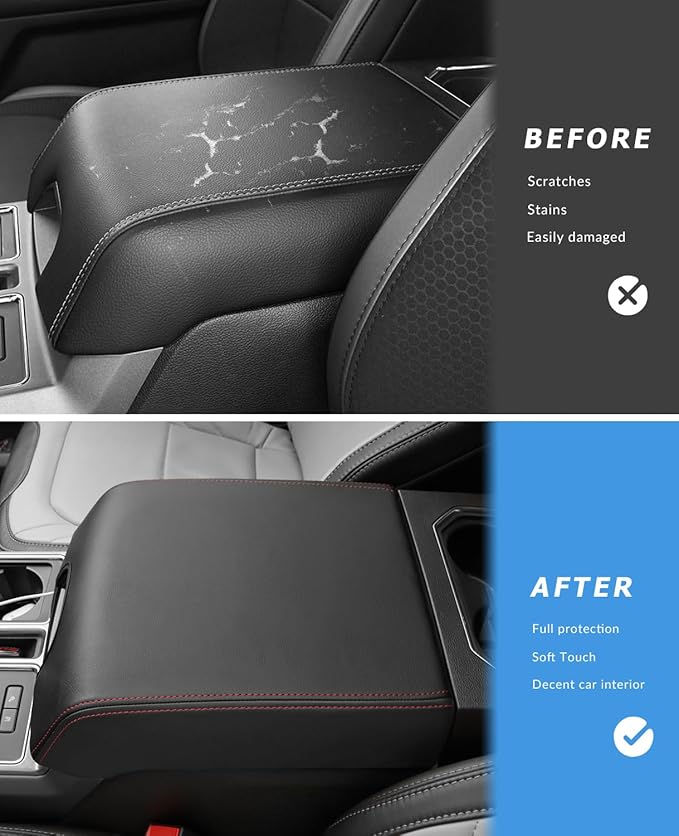 INTGET Center Console Cover for Ford F150 Accessories 2015-2020 2016 2017 2018 2019 Car Middle Lid Seat Armrest Cover Protector Elbow Cushion Pad (red Stitches, 2015-2020)