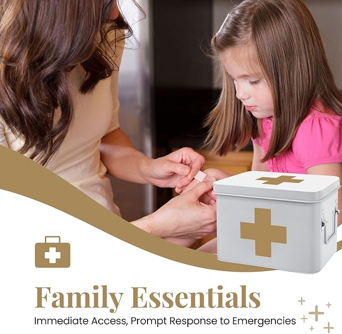 Flexzion First Aid Medicine Box Supplies Kit Organizer - Empty 8" White Metal Tin Medic Storage Bin Hard Case with Removable Tray Black Cross, Vintage Antique Boxes for Home Family Emergency Tool Set