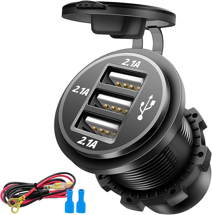 12V USB Outlet Wire USB Charger, 3 Port 12V/24V Charger Socket for Cars, Boats, RVs, Trucks, Golf Carts, and Motorcycles and More (Pack of one)