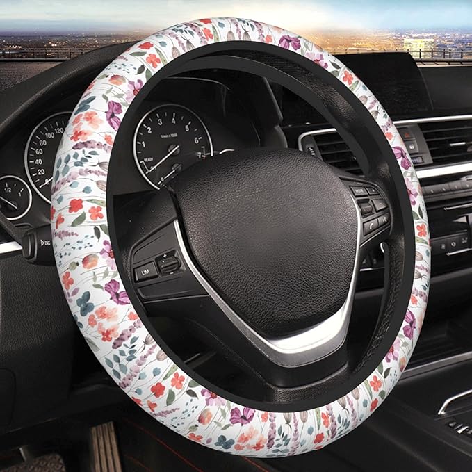Nature Flowers Steering Wheel Cover for Women Elastic Rubber Steering Wheel Universal 15 Inch Fit for Cars, Auto, SUVs