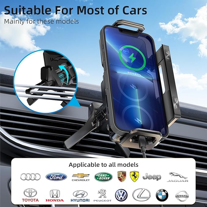 Car Phone Holder, Ultra Stable Dashboard Air Vent Cell Phone Car Mount, 15 Watt Dual Coil Fast Charger, Rotating Charger Car Phone Mount, for Smartphones