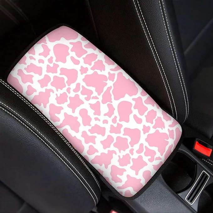 JoyLamoria Pink Cow Print Auto Armrest Box Pad Center Console Armrest Cover Universal Fit Car SUV Sedan