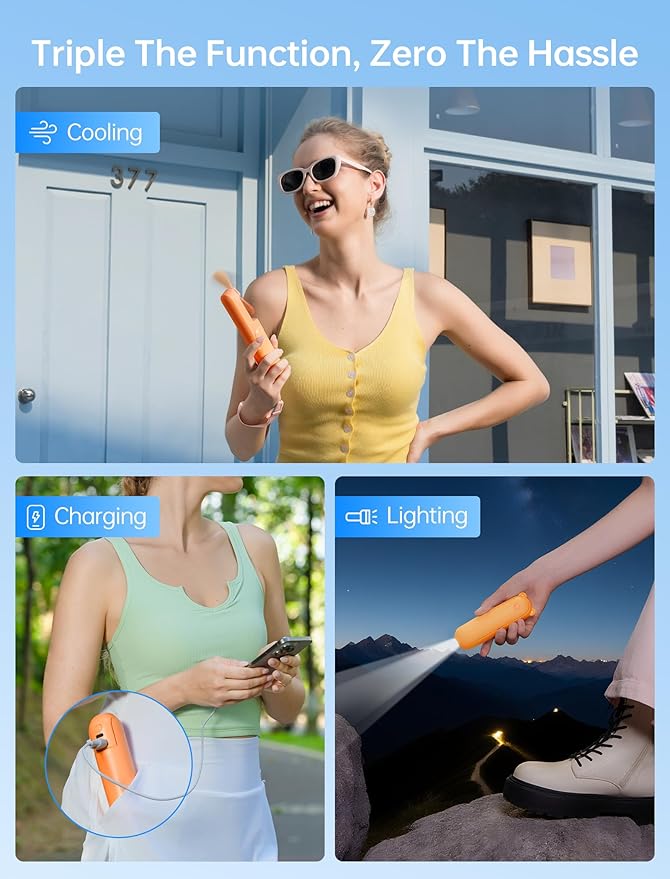 JISULIFE 3 IN 1 Handheld Mini Fan - Portable Fan & Power Bank & Flashlight, 19H Max Cooling, USB Rechargeable, Pocket-Sized for Travel, Cruise, Concerts, Makeup, Summer Gifts for Women(Tropical Coral)