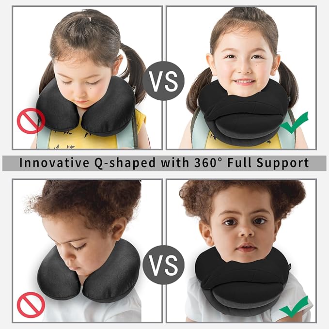BUYUE Kids Travel Pillows for Airplane, 360° Head Support Sleeping Essentials for Children Long Flight, Skin-Friendly Soft Neck Pillow for Traveling in Car Seat, (Small, Black Grey, 40-90 lbs)