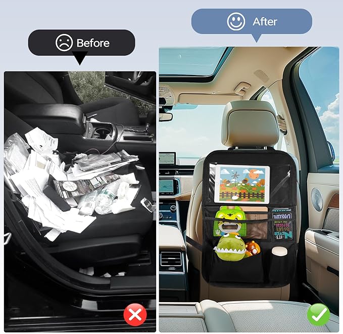 Back Seat Car Organizer with Tablet Holder-2 Pack,6 Storage Pockets Car Storage Organizer with Foldable Food Tray Seat Back Protectors Kids Kick Mats for Travel