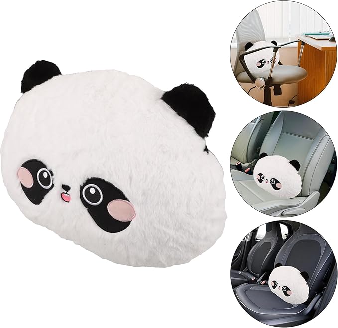 NUOBESTY Panda Plush Lumbar Support Pillow for Car Seat and Office Chair, Round Embroidered Rabbit Fur Cartoon Cushion for Lower Back Comfort During Driving and Travel
