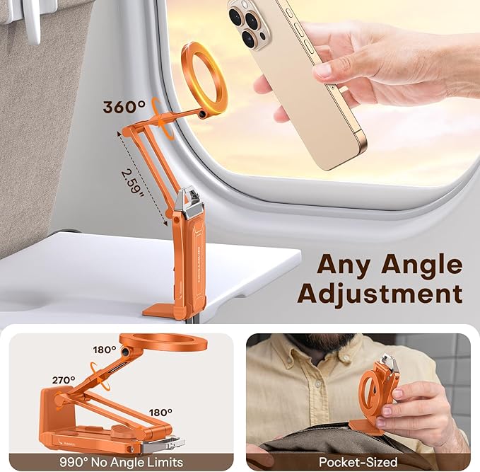 OMOTON TP02 360°Rotating for MagSafe Tripod Mount, Adjustable Aluminum Magnetic Phone Tripod for iPhone 17/16/15/14 Pro Max Air, Foldable Cell Phone Stand Fits Vlog, Gym, Travel Essentials, Orange