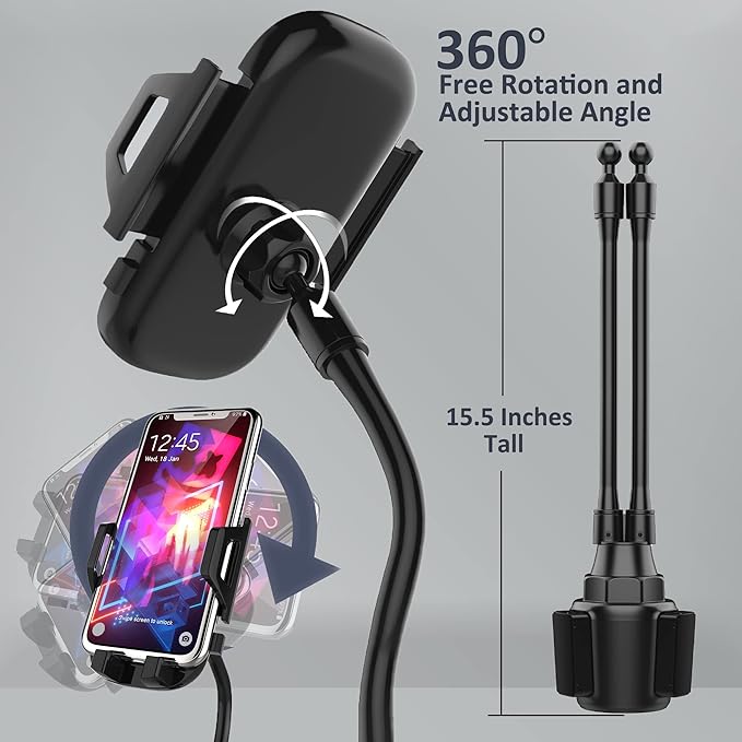 Double Phone Holder for Car Cup Holder – Extra Long and Flexible Neck, 360° Rotatable Cradle Car Phone Mount - Adjustable Cell Cup Holder, Universal Size Fits 2 iPhone, Samsung, GPS