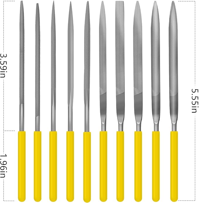 Needle File Set, 10 Pieces Hand Metal Files, Hardened Alloy Strength Steel Set Includes Flat, Round, Half-Round, Triangular, Square, Oval, Crossing, and Barrette File