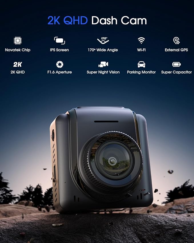 Dash Cam 2K, WiFi Dashcams with APP, External GPS, 1.5'' IPS Screen, Front Dash Camera for Cars, Mini Car Camera, WDR Night Vision, 24H Parking Monitor, Loop Recording, G-Sensor