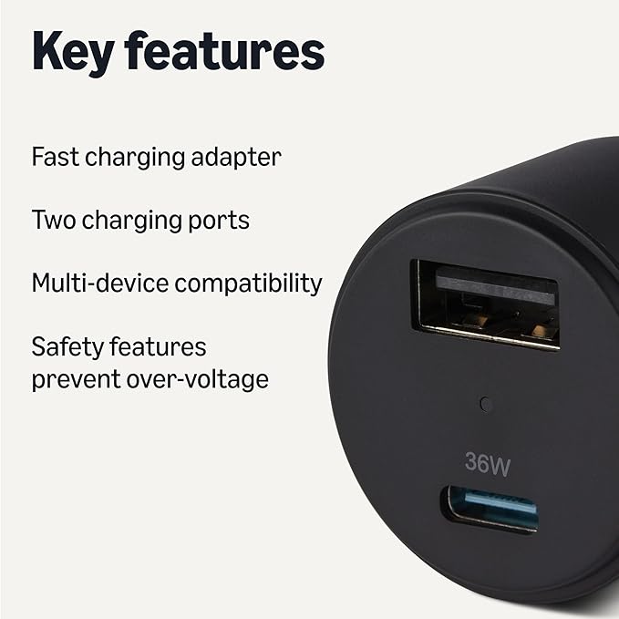 Amazon Basics Fast-Charging Car Charger, Dual-Port, 1 USB-C + 1 USB-A, 48W, Black
