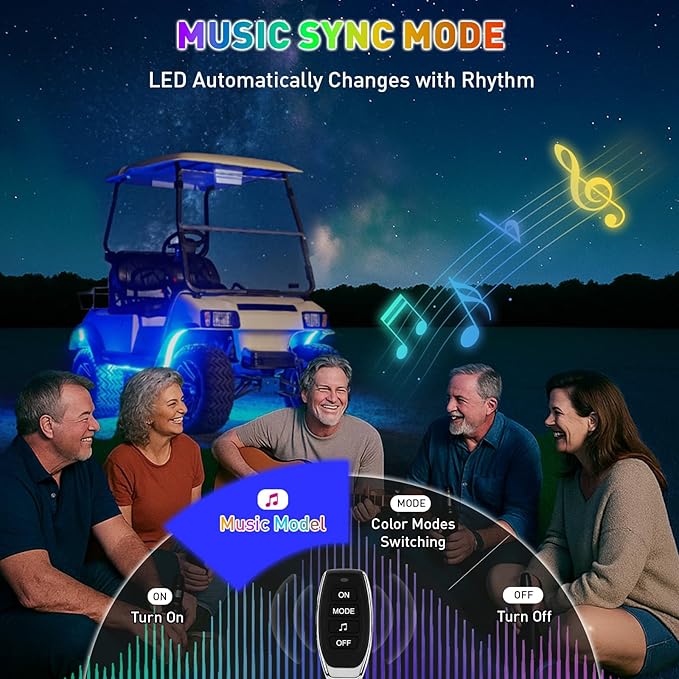 Golf Cart Underglow LED Light Strip Kit, 28 RGB Modes with Music Sync & Wireless Remote | 12-85V Wide Voltage, Fit Club Car, EZGO, Yamaha (2/4/6 PCS)