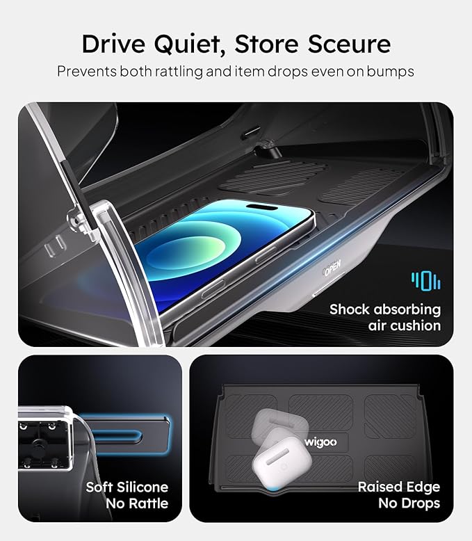 Wigoo Under Screen Organizer for Model 3 2016~2026, Including Model 3 Highland 2024~2026 (Standard, Premium & Performance), Concealed Center Console Organizer Tray, Quick & Stable Installation